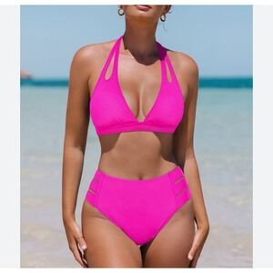 Popvil Halter Cutout High Waisted Rose Red Bikini Set Two Piece Swimsuit M